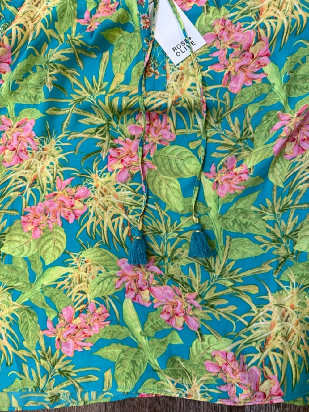 Rose & Olive Aqua Tropical Floral Tassel V-Neck Blouse - Picture 8 of 14